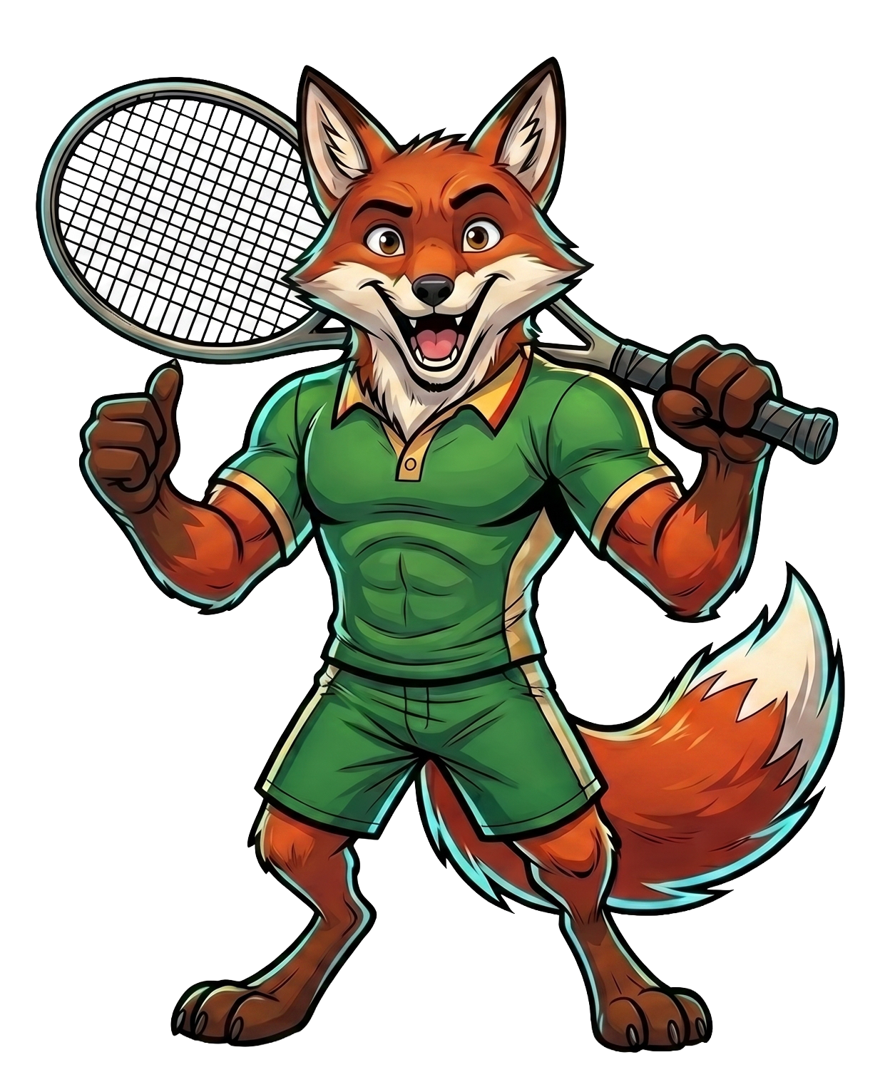 SweepSquad fox mascot Vix in tennis whites holding a racket